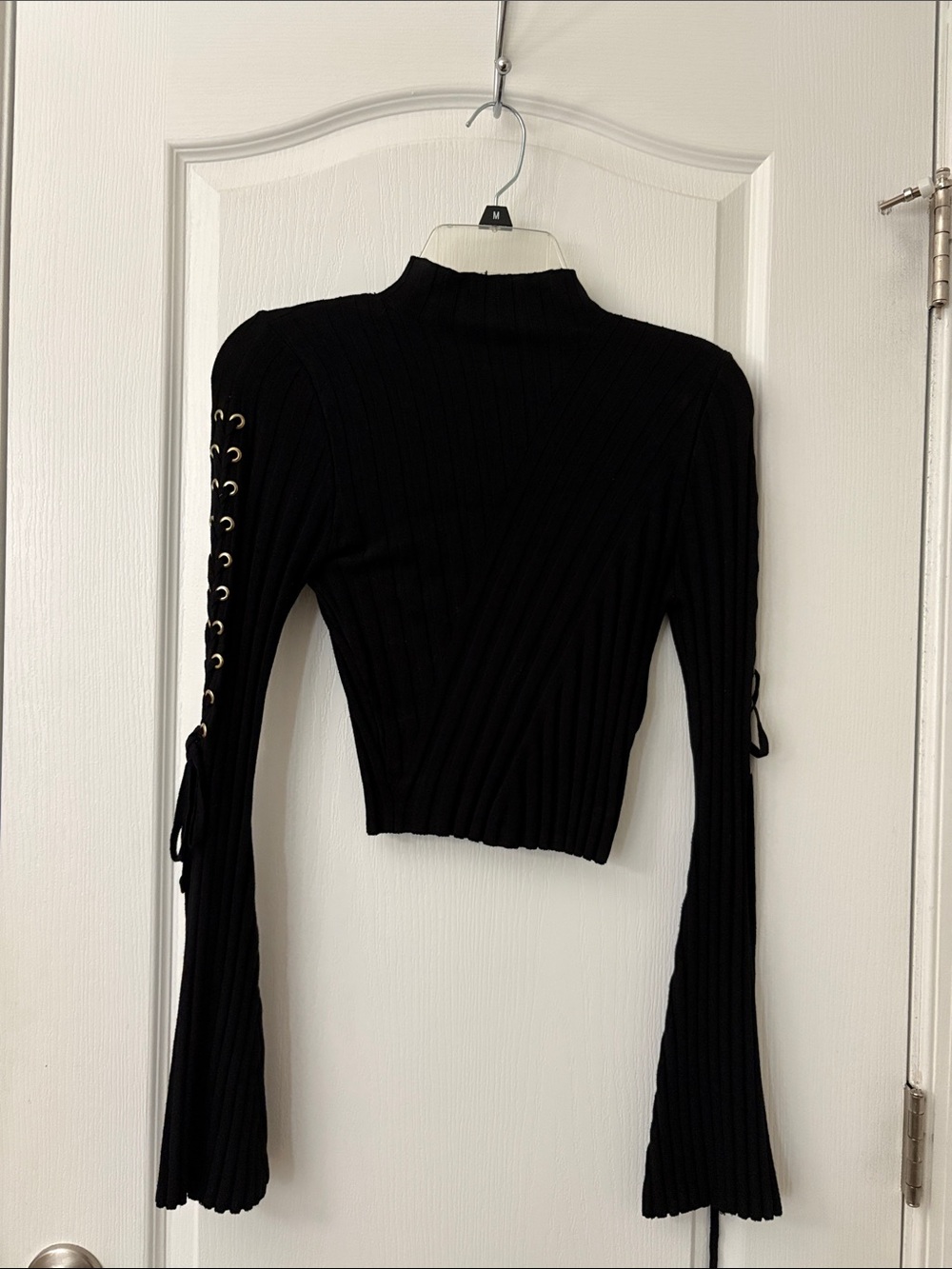 Black Ribbed Lace-Up Sleeve Cropped Knit Top